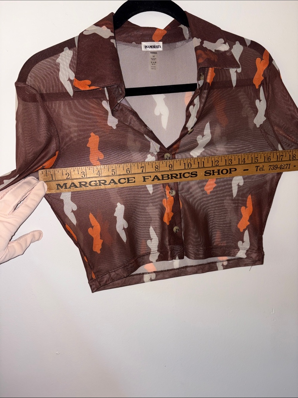 iNAMORATA- Size M Brown Sheer Cropped Button-Down with Orange & Cream Print - Picture 5 of 6